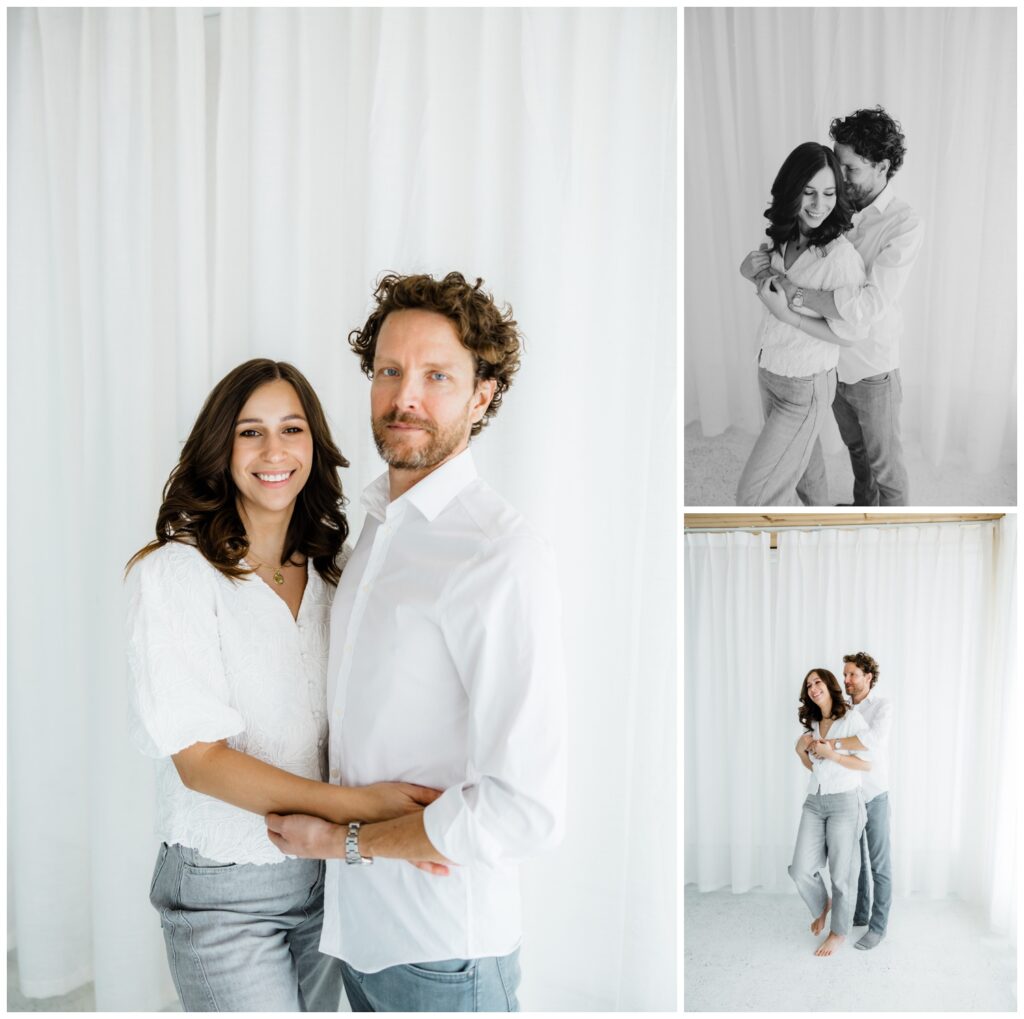 Dana and Zach standing together in a bright, minimal studio during their winter engagement session in South Bend.