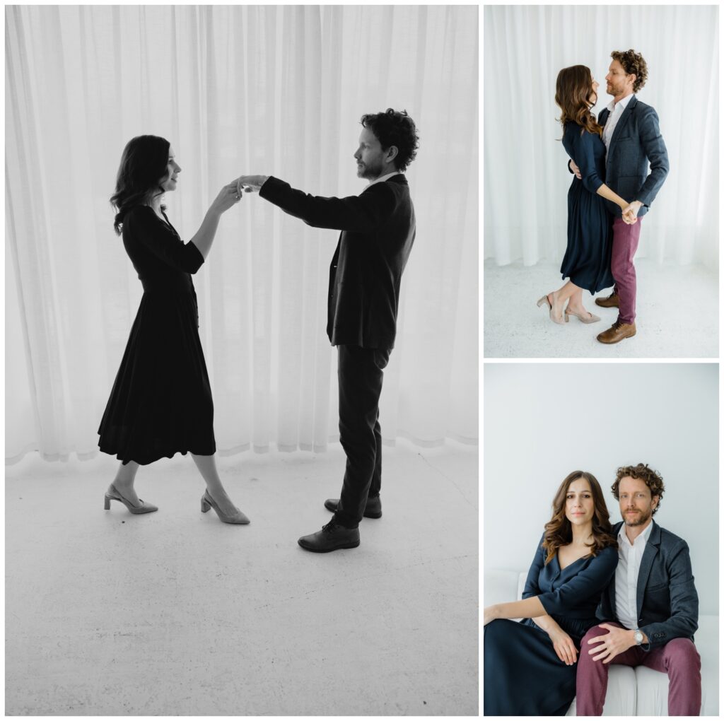 Couple dancing and sitting in soft natural light during a modern engagement session in a South Bend studio.