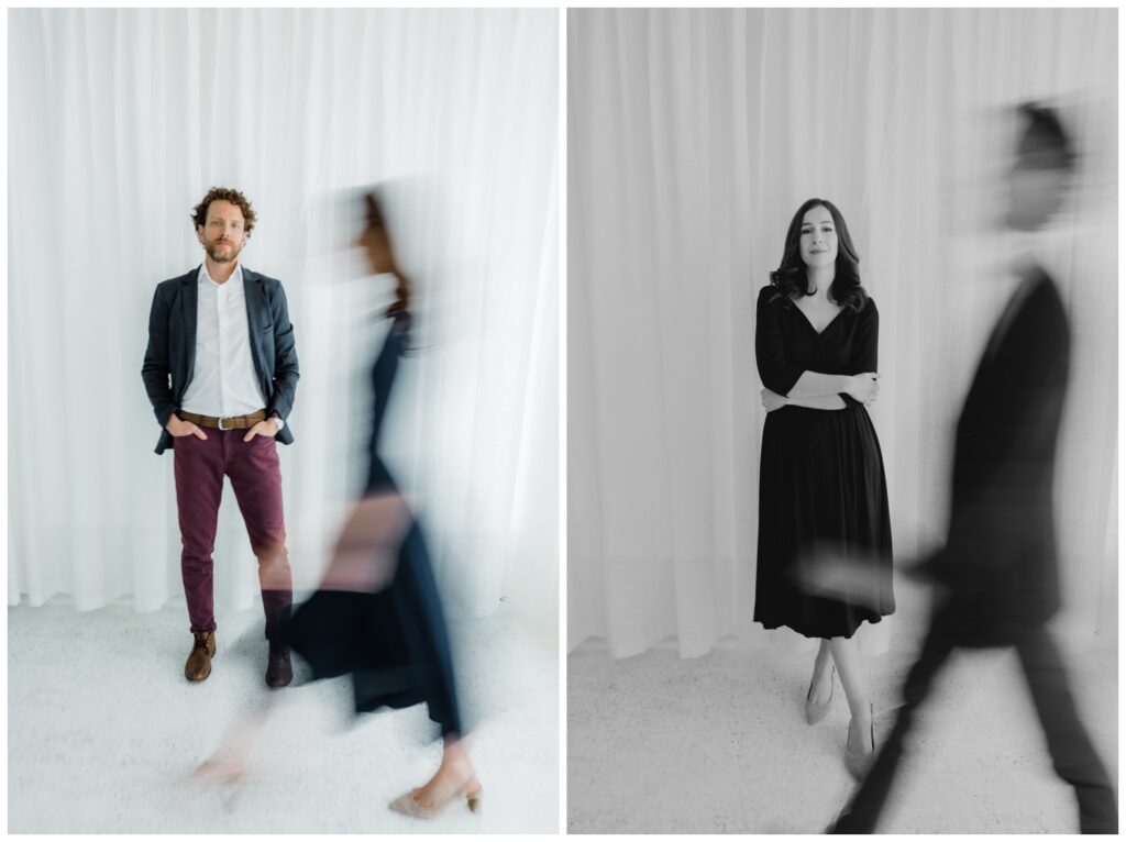 Dana and Zach walking with one partner motion blurred in the foreground of each image inside a bright studio for their winter engagement session in South Bend.