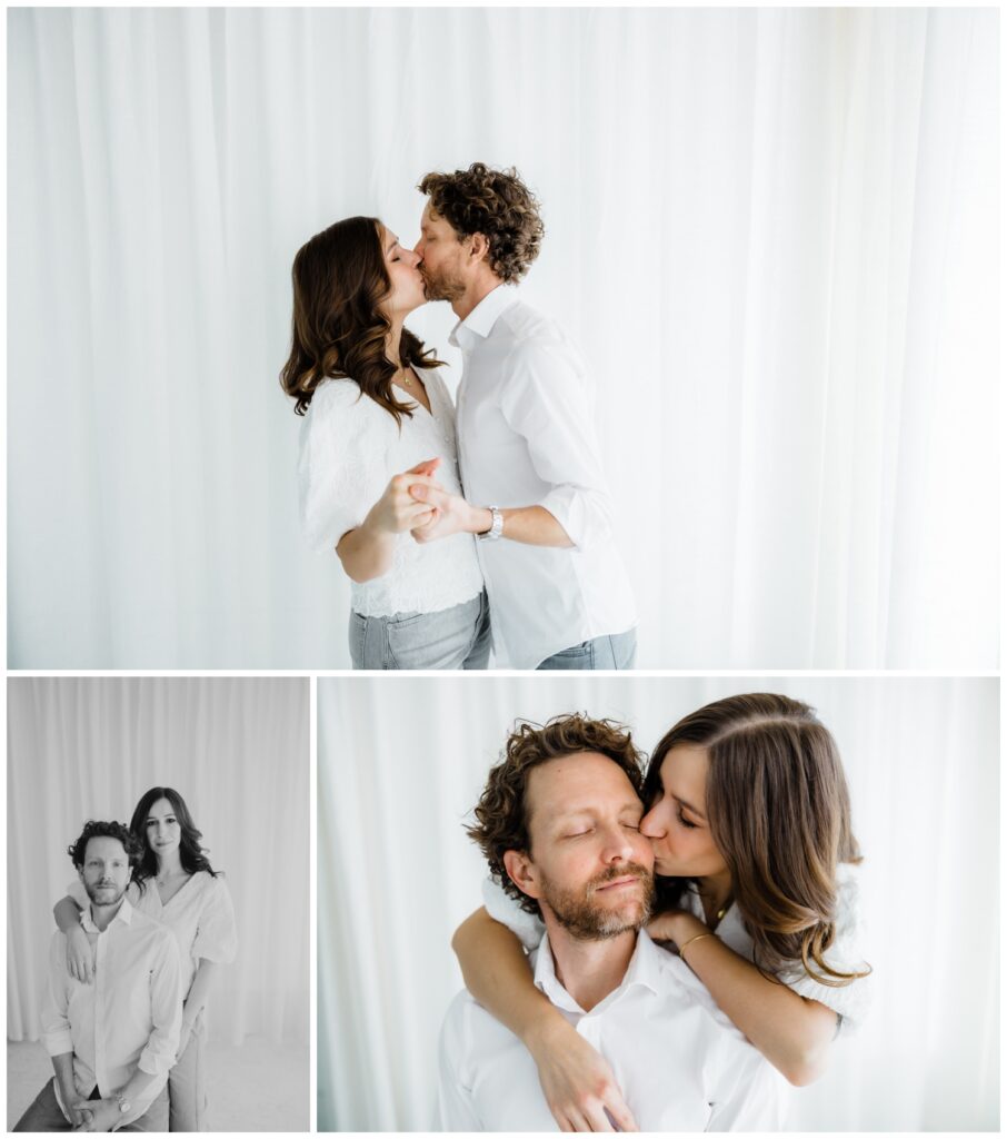 Modern engagement portrait of Dana and Zach photographed indoors in a clean, white studio in South Bend.
