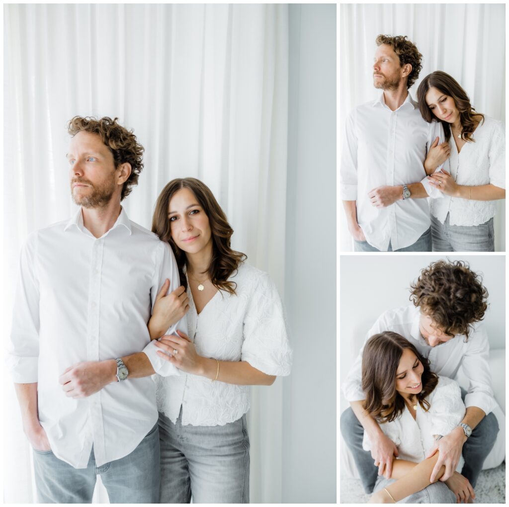 Couple embracing in soft natural light during a modern engagement session in a South Bend studio.