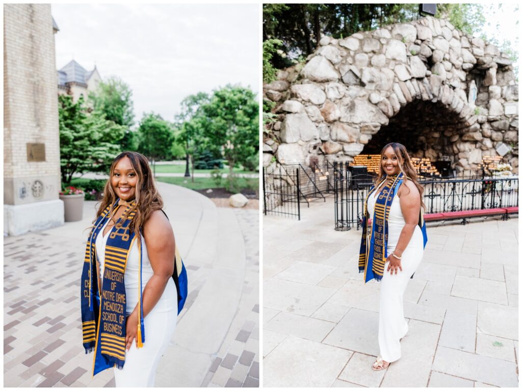 Graduation portrait of Njeri photographed by Leah Rife Photo on the University of Notre Dame campus.