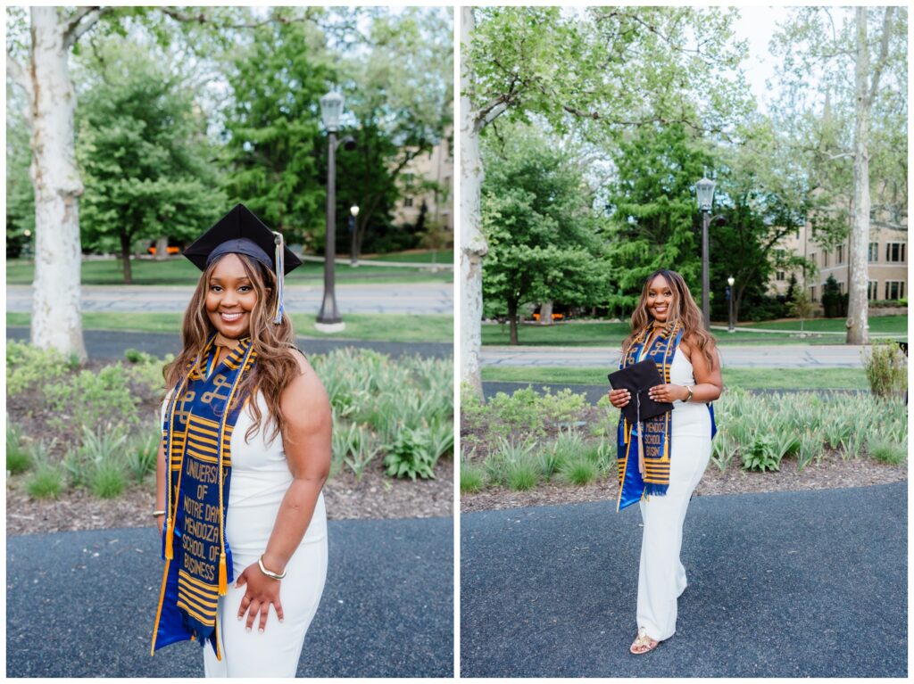 Graduation portrait of Njeri photographed by Leah Rife Photo on the University of Notre Dame campus.