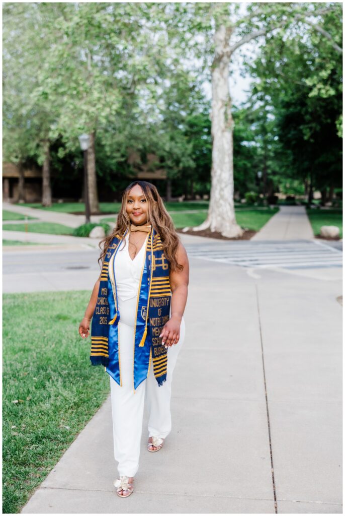 Graduation portrait of Njeri photographed by Leah Rife Photo on the University of Notre Dame campus.