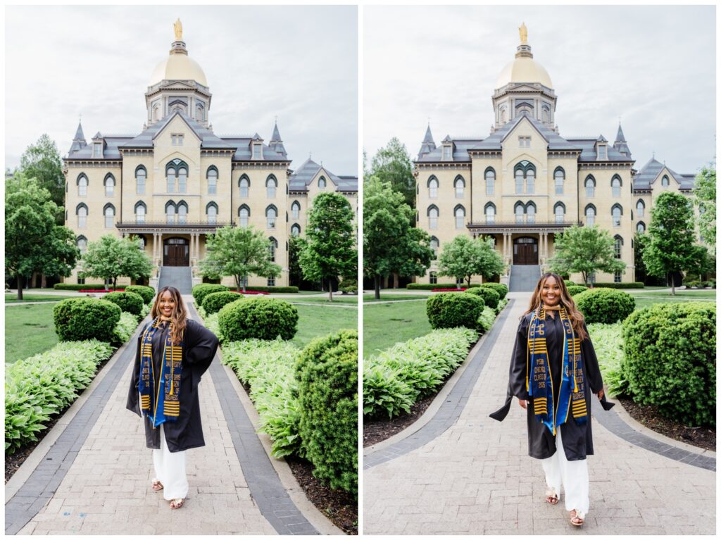 Notre Dame graduation posing in front of the golden dome, photographed by Leah Rife Photo