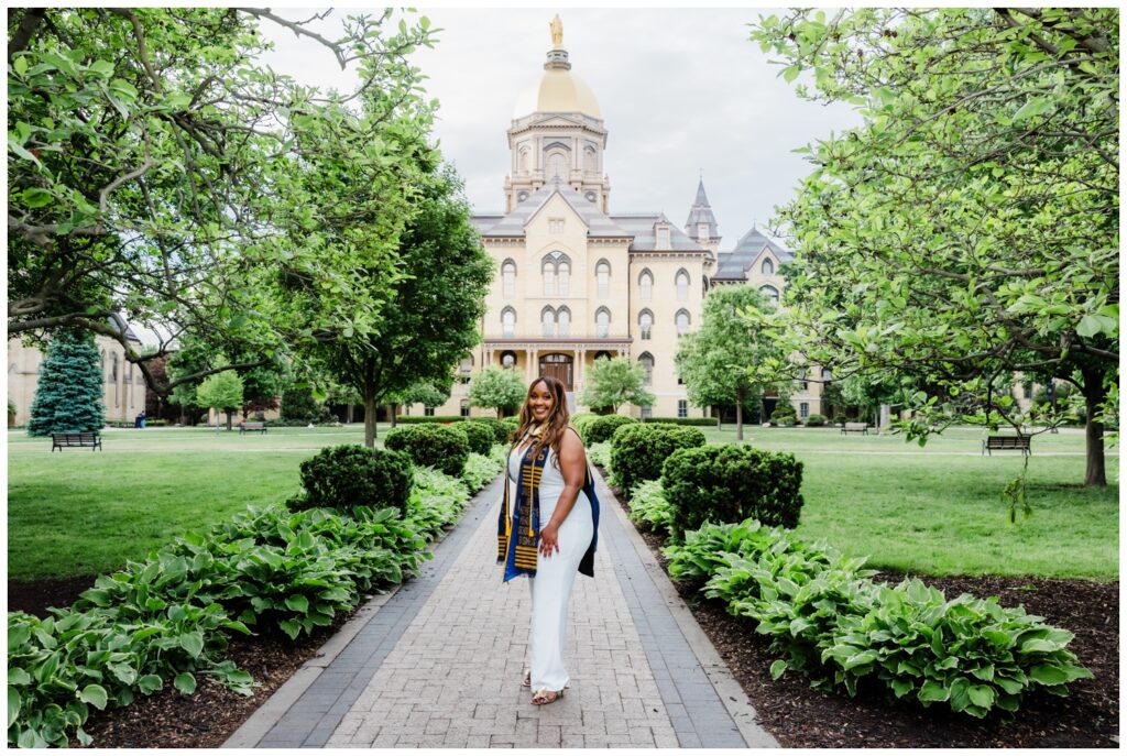 Graduation portrait of Njeri photographed by Leah Rife Photo on the University of Notre Dame campus.
